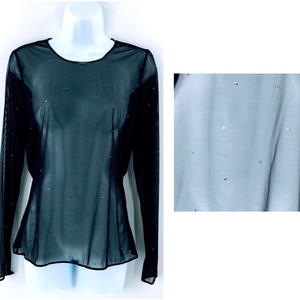 Wolford Women Sheer Mesh Top Black See Through Swarovski Crystals Long Sleeve